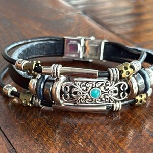 Boho Beach Multi-Strand Black PU Leather Bracelet with Beads & Turquoise Center